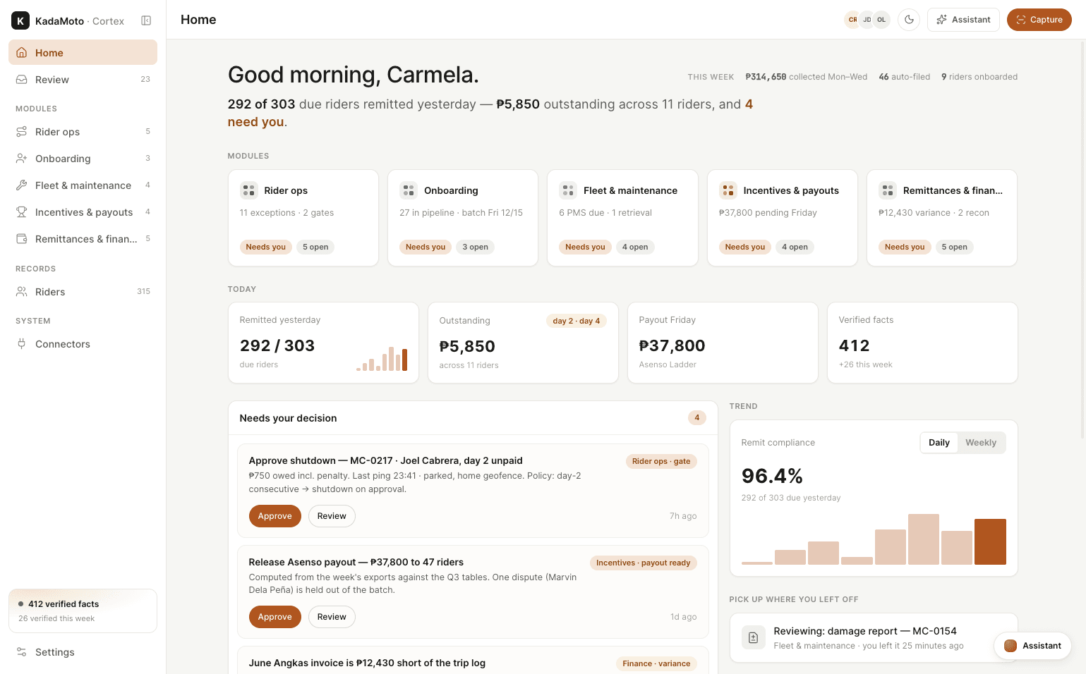 7:04 AM — 292 of 303 riders already reconciled before you opened the app.