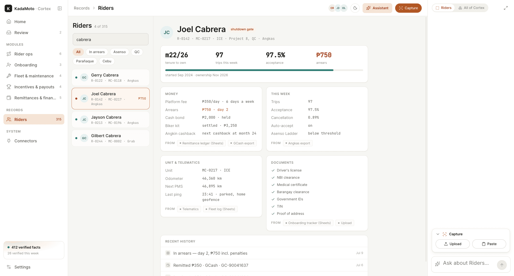 Joel’s whole record — money, unit, documents — each number showing its source.