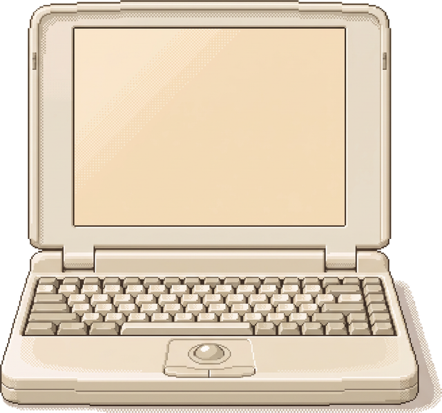 A pixel-art drawing of an old cream notebook computer, open and seen head-on; on its screen, the fn keycap sits above the word "careers" written in a single-stroke hand.