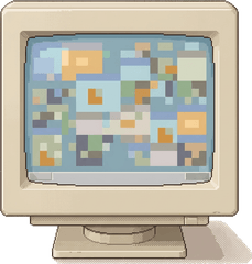 A CRT monitor showing a desktop of coloured windows.