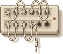 A patch bay, its sockets joined by looped cables.