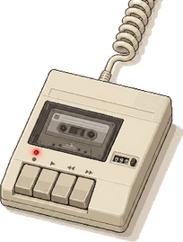 A cassette recorder in bone plastic on a coiled cable.