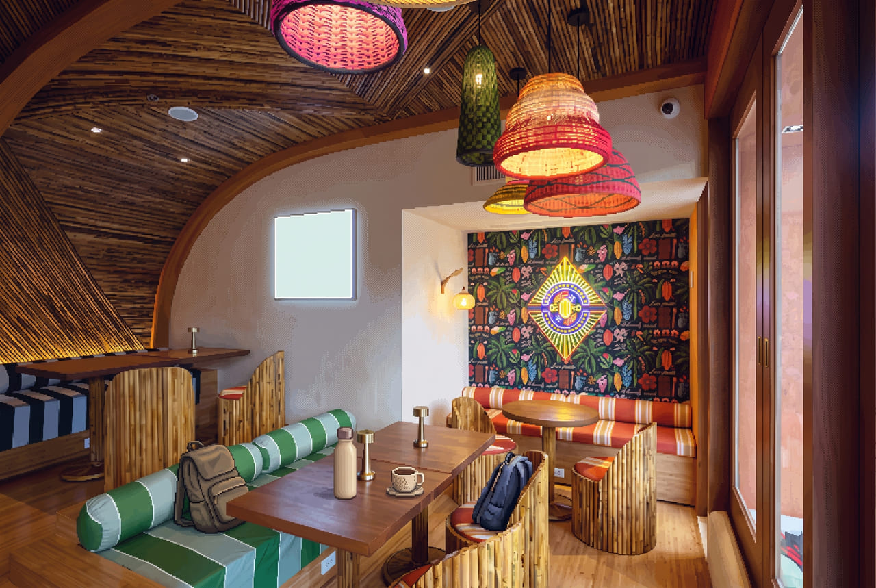 A bamboo-vaulted dining room with woven pendant lamps, striped banquettes and a painted mural wall; on the near table a water bottle and a coffee cup, with a backpack left on the bench and another on a chair.