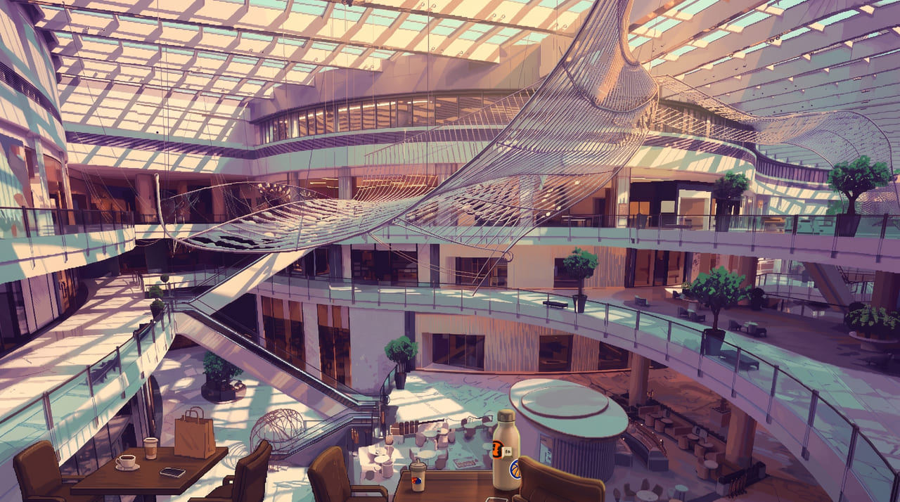 A skylit shopping mall atrium seen from an upper floor: a wave of wire mesh hangs under the glass roof, above escalators and balconies lined with potted trees. On the tables in front sit coffee cups, a phone, a paper shopping bag and a water bottle.