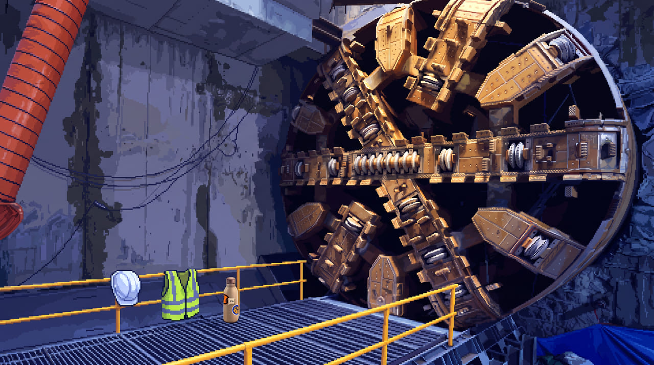 A tunnel boring machine's giant cutterhead set into a concrete shaft, an orange ventilation duct down the left wall; on the steel deck in front, a white hard hat and a high-visibility vest hang on the yellow railing beside a water bottle.